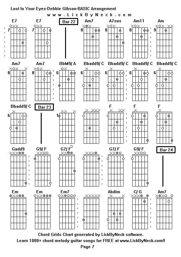 Chord Grids Chart of chord melody fingerstyle guitar song-Lost In Your Eyes-Debbie Gibson-BASIC Arrangement,generated by LickByNeck software.